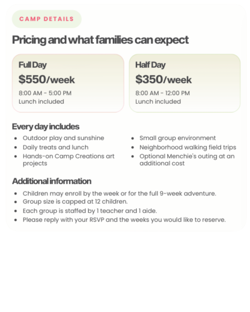summer camp pricings
